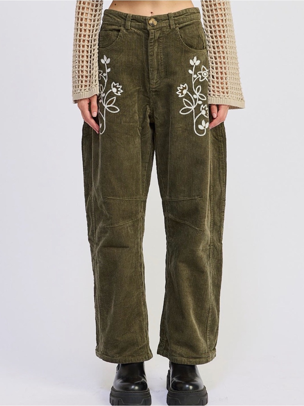 JACQUIE THE LABEL Sylvie Embroidered Corduroy Pants Olive Green Size L